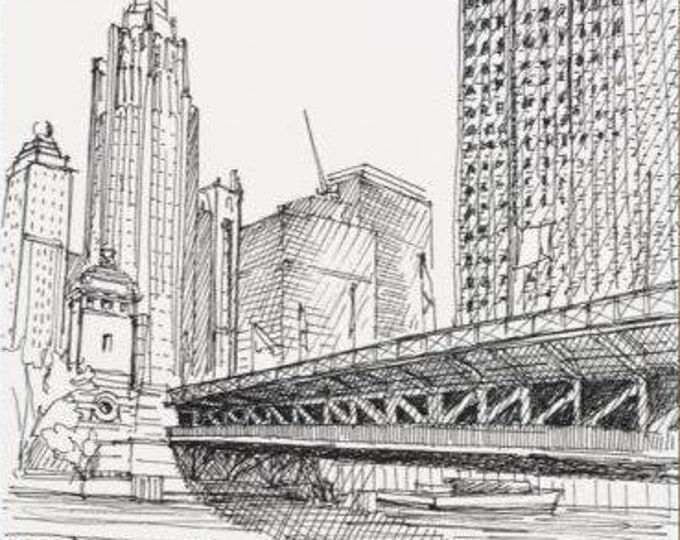 MICHIGAN AVENUE BRIDGE - Chicago, Illinois, Chicago River, Pen and Ink, Drawing, Sketchbook, Art Print, Architecture, Skyline, Drawn There