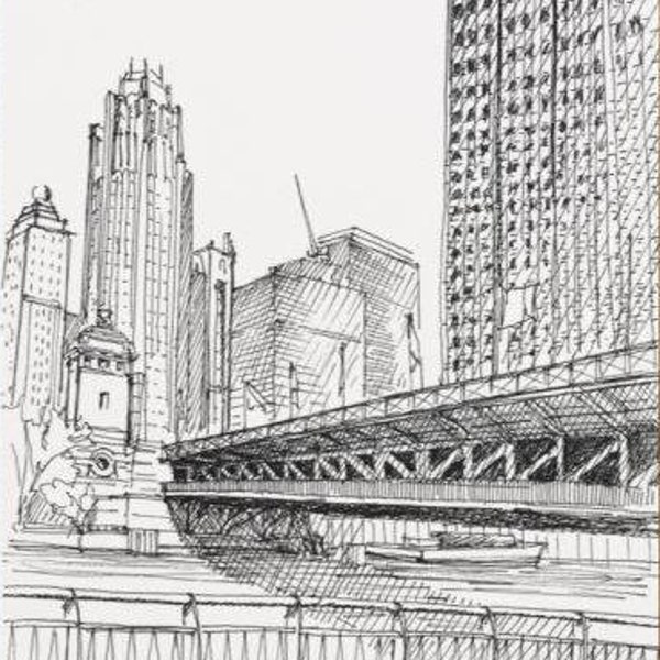 MICHIGAN AVENUE BRIDGE - Chicago, Illinois, Chicago River, Pen and Ink, Drawing, Sketchbook, Art Print, Architecture, Skyline, Drawn There