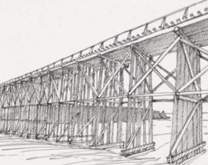 TRAIN TRESTLE BRIDGE, Fort Bragg, California - Beach, Railroad, Engineering, Pen and Ink, Sketch, Drawing, Sketchbook, Art, Drawn There