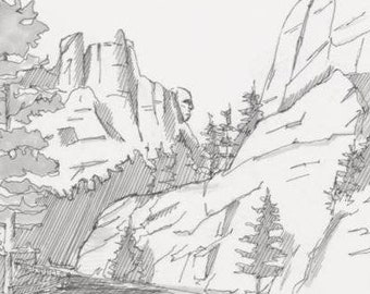 MOUNT RUSHMORE National Monument - South Dakota, Black Hills, George Washington, Mountains, Ink Drawing, Sketchbook, Art, Drawn There