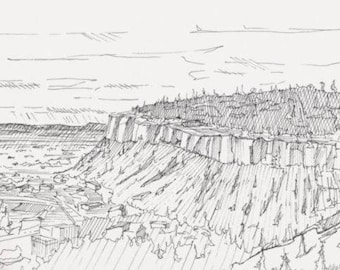 BILLINGS RIM ROCKS - Montana, Geology, Mountains, Drawing, Pen and Ink, Sketch, Plein Air, Landscape Drawing, Art, Print, Drawn There