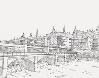 BALLARD LOCKS, Seattle, Washington -  Fish Ladder, Lake Union, Pen and Ink, Drawing, Sketchbook, Line Drawing, Art Print, Drawn There
