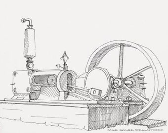 VINTAGE STEAM ENGINE - Technology, Power, Engineering, Line Drawing, Pen and Ink, Sketchbook, Art, Drawn There