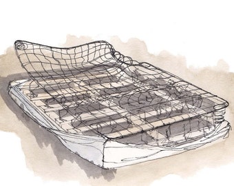 ABANDONED MATTRESS - Mattress, Bed, Springs, Trashed, Abandoned, Art Print, Line Drawing, Art, Pen and Ink, Drawing, Sketchbook, Drawn There