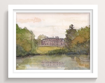 HECKFIELD PLACE - Hampshire, England, UK, Manor, Classic Architecture, Watercolor Landscape Painting, Art Print, Drawn There