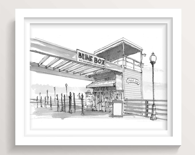 OCEANSIDE PIER - Brine Box Fish Shop in California, Black and White Ink Drawing, SoCal Beach Art Print, Surfing, Fishing, Drawn There