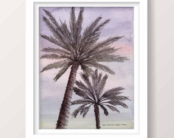 SUNSET PALM TREES - Tropical Plants, Drawing, Ink and Watercolor Painting, Nature, Plein Air Art, Print, Drawn There