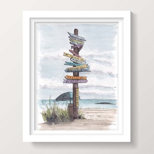 KEY WEST SIGNPOST - Florida, Fort Zachary Taylor Beach, Directions, Ink and Watercolor Painting, Drawing, Sketchbook, Art, Drawn There