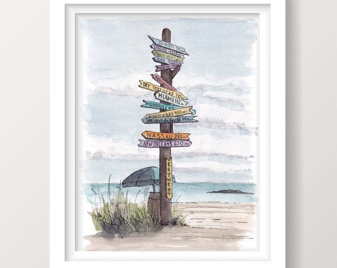 KEY WEST SIGNPOST - Florida, Fort Zachary Taylor Beach, Directions, Ink and Watercolor Painting, Drawing, Sketchbook, Art, Drawn There