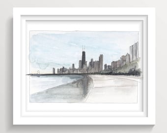 CHICAGO SKYLINE - Lakefront Trail, Lake Michigan, Chicago Skyline, Ink and Watercolor Plein Air Painting, Drawing, Art, Drawn There