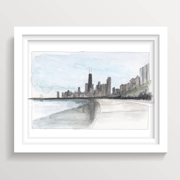 CHICAGO SKYLINE - Lakefront Trail, Lake Michigan, Chicago Skyline, Ink and Watercolor Plein Air Painting, Drawing, Art, Drawn There