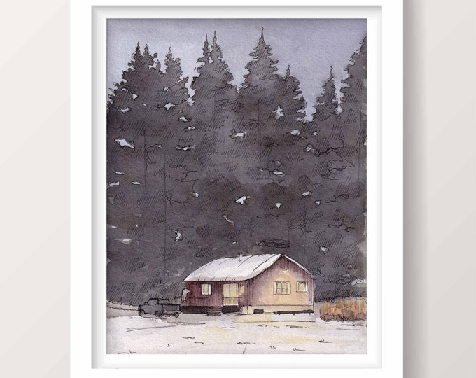 WINTER CABIN at DUSK - Snow, Pine Trees, Hunting Cabin, Ink and Watercolor Painting, Drawing, Art, Giclee Print, Drawn There