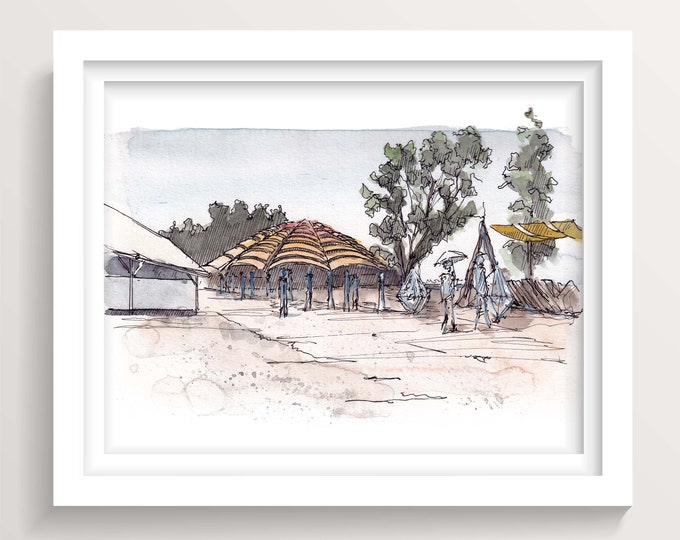 LIGHTNING in a BOTTLE - Music Festival Tent Structure, Crossroads, EDM, Ink and Watercolor Painting, Plein Air Art Print, Drawn There