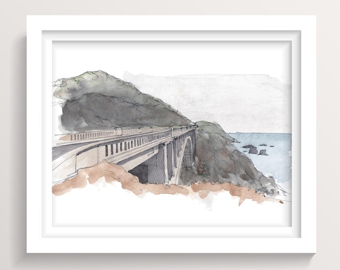 BIG SUR CALIFORNIA - Rocky Creek Bridge on Route 1, Pacific Coast Road Trip, Ink and Watercolor Painting Drawing, Wall Art, Drawn There