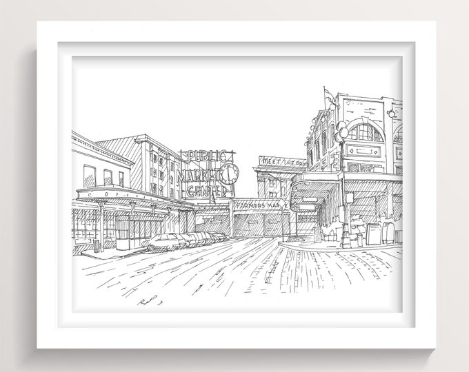 PIKE PLACE MARKET - Seattle, Washington, Drawing, Pen and Ink, Architecture, Sketchbook, Art Print, Drawn There