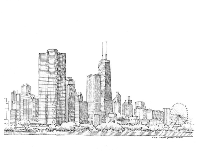 CHICAGO SKYLINE Architecture, City, Lake Michigan, Willis Tower, Sears Tower, Art, Pen and Ink, Drawing, Sketchbook, Drawn There image 1