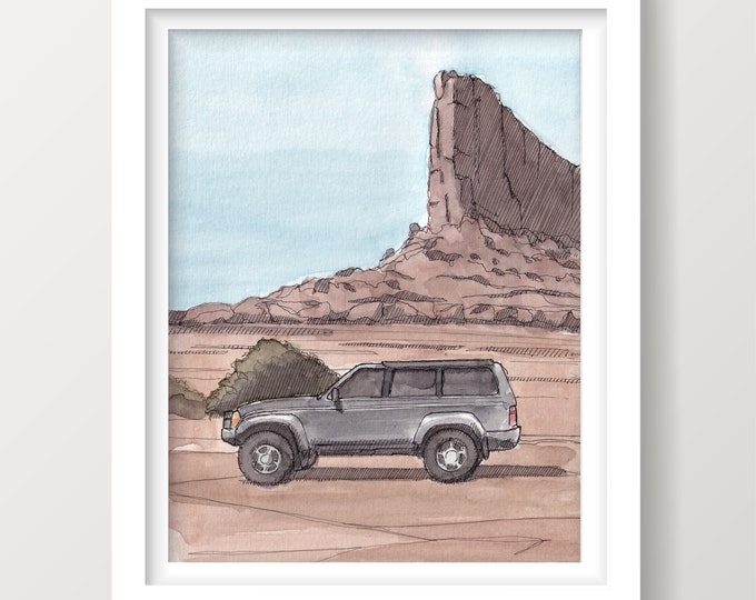 TOYOTA LAND CRUISER Watercolor Painting - Red Rocks, Off-Road, 4x4, Classic Truck, Drawing, Vehicle Art, Art Print, Drawn There