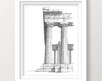 Parthenon Columns, Athens Greece | Digital Download | Pen and Ink Architectural Sketch