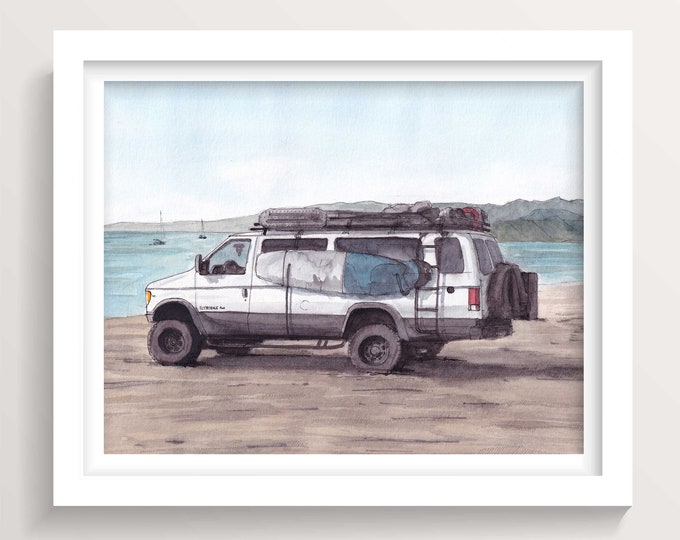 ECONOLINE SURF VAN - Ford Vanlife Beach Painting, Baja, Mexico, Ink and Watercolor Painting Art Print, Roadtrip Surftrip Travel, Drawn There