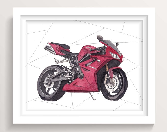 TRIUMPH DAYTONA MOTORCYCLE - Sportbike, Red, Ink and Watercolor Painting, Drawing, Art Print, Drawn There