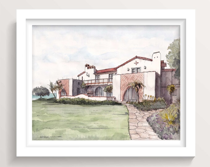 ADAMSON HOUSE MUSEUM - Malibu Lagoon State Beach, California, Ink and Watercolor Architecture Painting, Giclee Art Print, Drawn There