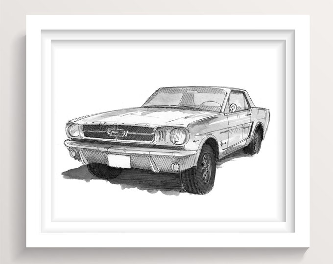VINTAGE FORD MUSTANG - Classic Muscle Car Pen and Ink Drawing, Art Print, Drawn There