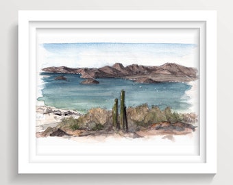 BAHIA DE CONCEPCION - Beach Cove Mountains and Cactus, Baja Mexico Camping, Watercolor Plein Air Landscape Painting, Wall Art Print