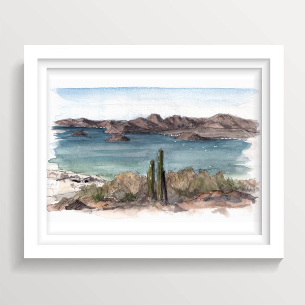 BAHIA DE CONCEPCION - Beach Cove Mountains and Cactus, Baja Mexico Camping, Watercolor Plein Air Landscape Painting, Wall Art Print