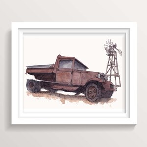 May include: A watercolour painting of a rusty red vintage truck with a wooden bed and a wooden windmill in the background.