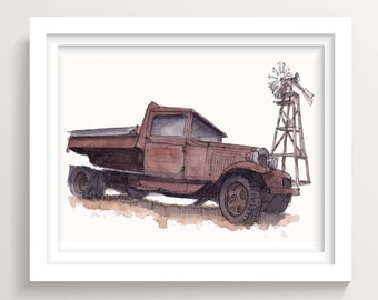 RUSTY VINTAGE TRUCK - Windmill, Classic Vehicle, Plein Air Watercolor Painting, Pickup Truck, Drawing, Garage Art, Drawn There