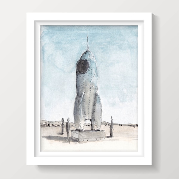 BLACK ROCK CITY 2023 - Odyssey Silber Rakete, Retro Weltraumforschung, Strand Kunst, Tusche und Aquarell Malerei, dort gezeichnet