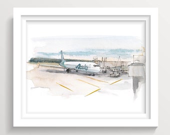 ANCHORAGE ALASKA AIRPORT - Travel Art Print, Jetway, Jet Plane Airplane, Plein Air Ink Watercolor Travel Sketch, Airport Art