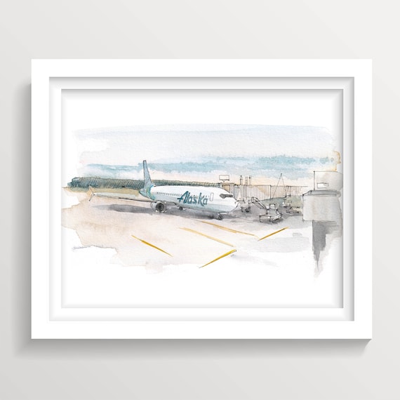 ANCHORAGE ALASKA AIRPORT - Travel Art Print, Jetway, Jet Plane Airplane, Plein Air Ink Watercolor Travel Sketch, Airport Art