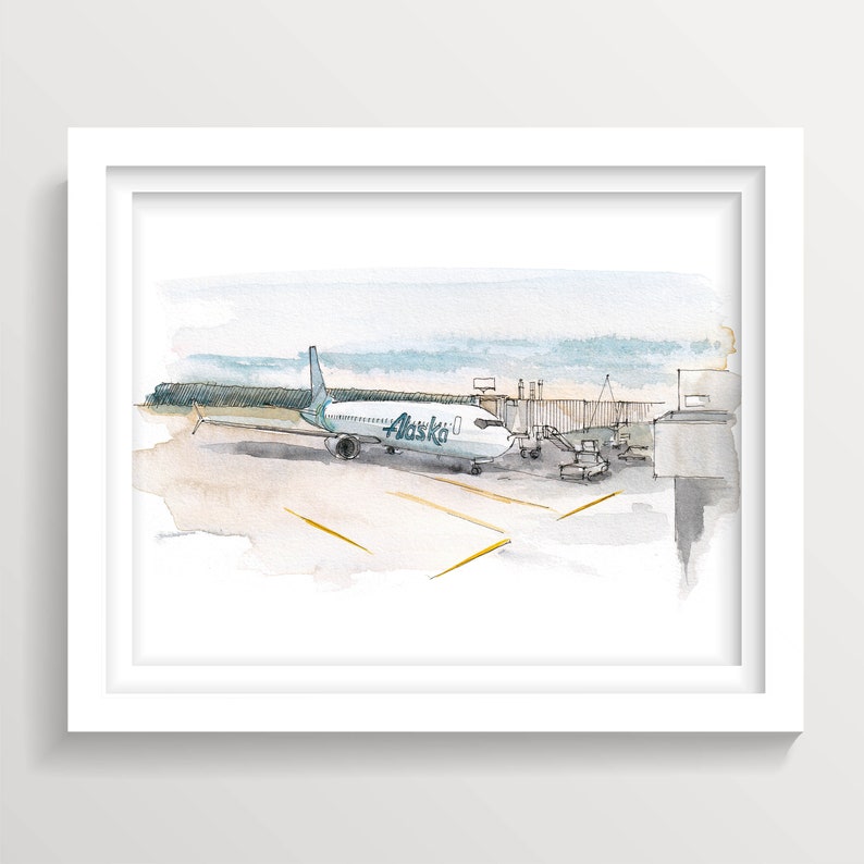 May include: A watercolour painting of an Alaska Airlines aircraft parked at a gate. The plane is white with blue and green accents. The painting is done in a realistic style and captures the details of the plane and the airport.