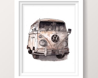 VINTAGE BUS - Classic Rusty Vehicle, Van, Vanlife, Campervan, Roadtrip, Plein Air Watercolor Painting, Drawing, Art Print, Drawn There