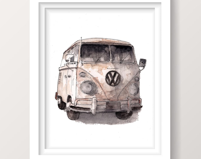 VINTAGE BUS - Classic Rusty Vehicle, Van, Vanlife, Campervan, Roadtrip, Plein Air Watercolor Painting, Drawing, Art Print, Drawn There