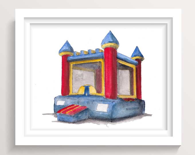 BOUNCE HOUSE CASTLE - Inflatable Kids Party, Birthday, Trampoline, Watercolor Painting Art, Drawn There