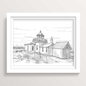 DISCOVERY POINT LIGHTHOUSE - Seattle, Washington, Pen and Ink, Drawing, Art Print, Sketchbook, Architecture, Light House, Drawn There