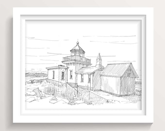 DISCOVERY POINT LIGHTHOUSE - Seattle, Washington, Pen and Ink, Drawing, Art Print, Sketchbook, Architecture, Light House, Drawn There