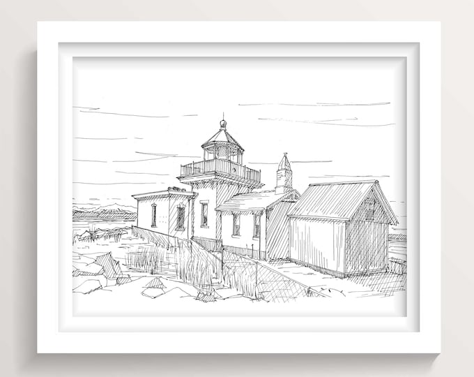 DISCOVERY POINT LIGHTHOUSE - Seattle, Washington, Pen and Ink, Drawing, Art Print, Sketchbook, Architecture, Light House, Drawn There