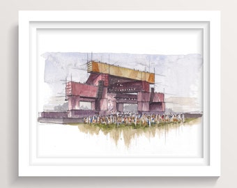 LIGHTNING IN a BOTTLE - Festival Main Stage, edm, Shipping Containers, Music Festival, Ink and Watercolor Painting, Art Print, Drawn There