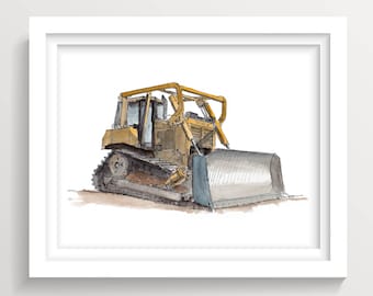 CATERPILLAR BULLDOZER - Escavatore edilizia pesante attrezzature per lavori di sterro, inchiostro e disegno ad acquerello, pittura, arte della parete, disegnato lì