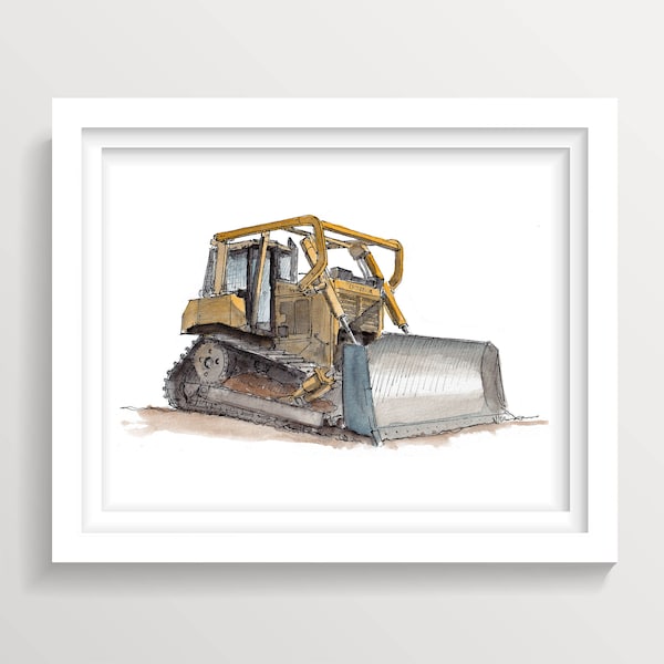 CATERPILLAR BULLDOZER - Excavator Heavy Construction Earthwork Equipment, Ink and Watercolor Drawing, Painting, Wall Art, Drawn There