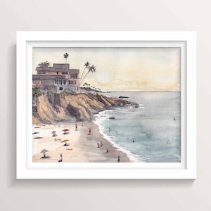 LAGNUA BEACH CLIFFS - California Sunset Ink and Watercolor Painting, Art Print, Beach House Wall Art, Drawn There