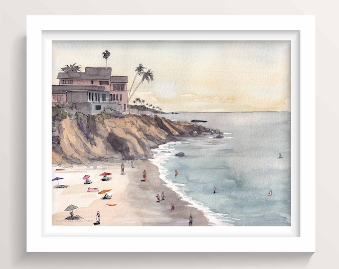 LAGNUA BEACH CLIFFS - California Sunset Ink and Watercolor Painting, Art Print, Beach House Wall Art, Drawn There