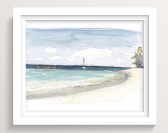 IGUANA BEACH EXUMAS - Caribbean Tropical Beach Nautical Ink and Watercolor Plein Air Painting, Ocean Art Print Wall Art Decor, Drawn There