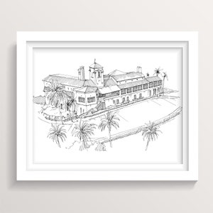 Bel Air Bay Club - Pacific Palisades, Los Angeles, California Wedding Venue Invitation, Pen and Ink Architectural Drawing, Drawn There