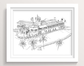 Bel Air Bay Club - Pacific Palisades, Los Angeles, California Wedding Venue Invitation, Pen and Ink Architectural Drawing, Drawn There