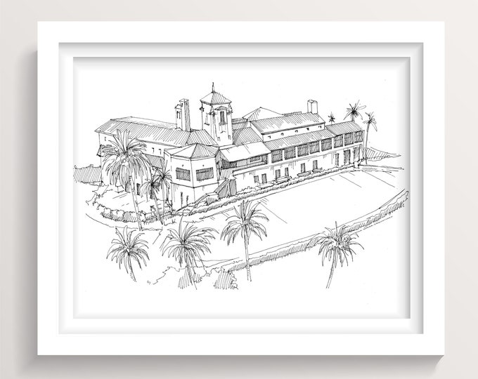 Bel Air Bay Club - Pacific Palisades, Los Angeles, California Wedding Venue Invitation, Pen and Ink Architectural Drawing, Drawn There