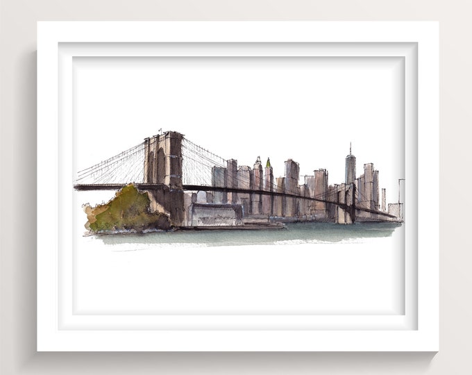 BROOKLYN BRIDGE SKYLINE - New York City, nyc, East River, Ink and Watercolor Painting, Drawing, Art Print, Drawn There